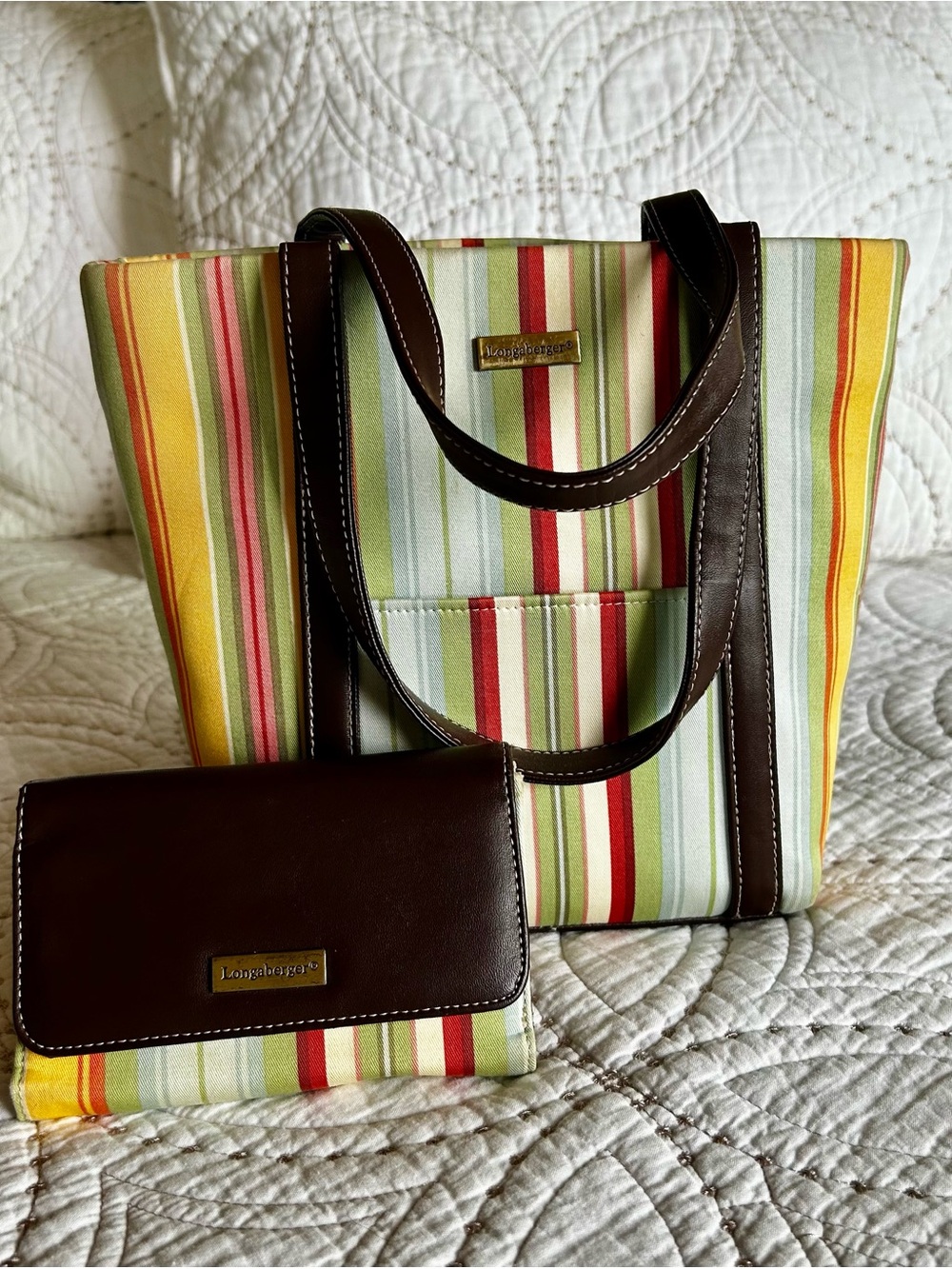 Longaberger Striped Canvas Tote and Wallet Set in Multicolor with Brown Trim